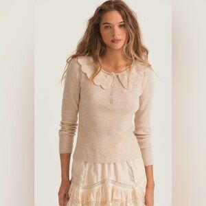 Love Shack Fancy Wheat Ribbed Knit Siella Pullover Sweater Size XS